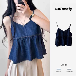 Solovely ผู้หญิง สไตล์เกาหลี เสื้อครอป สีพื้น เสื้อแขนกุด สตรีทสไตล์ เสื้อกล้าม