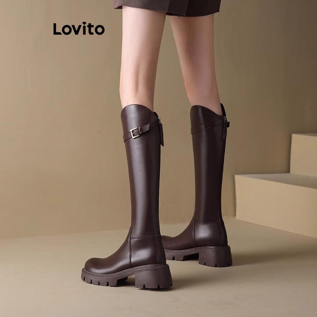 Lovito ลําลองธรรมดาสไตล์อังกฤษอเนกประสงค์หนาทําให้เท้าของคุณslimmerยาวหลอดแฟชั่นbootสําหรับผู้หญิง LFA62301