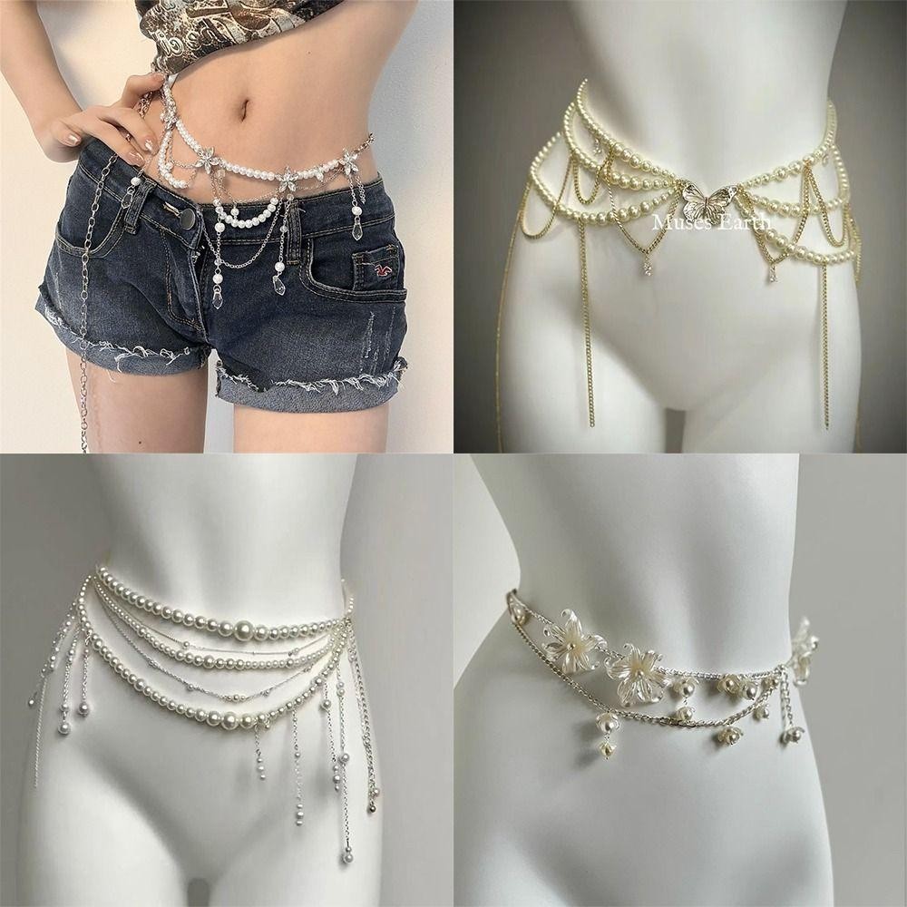 Bandolera โซ่ท้องดอกไม้, อุปกรณ์เสริมเอวอเนกประสงค์โซ่เอวมุก, แฟชั่น Boho Elegant Hip Chain ผู้หญิง