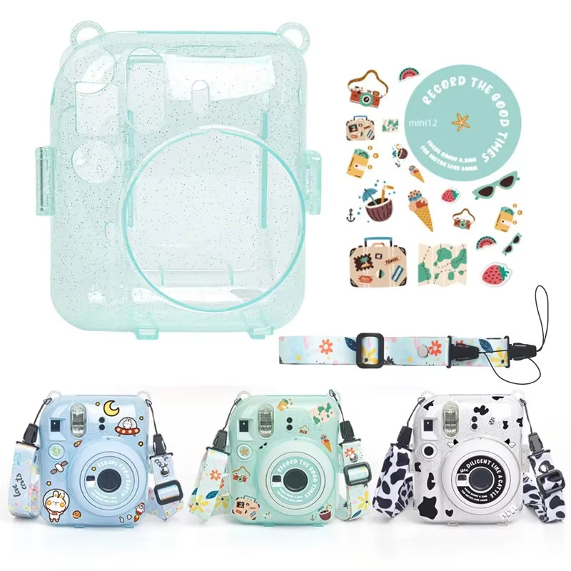 For Fujifilm Instax Mini 11 12 ชุดตัวเรือนกล้องโปร่งใส พร้อมถุงเก็บสายรัดไหล่ ด้วยสติกเกอร์น่ารัก สำหรับMini 11 12