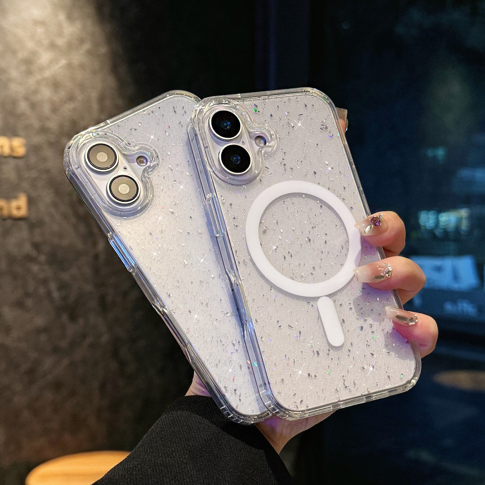 หรูหราglitterไร้สายชาร์จแม่เหล็กเคสโทรศัพท์สําหรับiphone 16 Pro Max 16E 15 14 13 12 11 Pro Max 14 Plusซิลิโคนนุ่ม