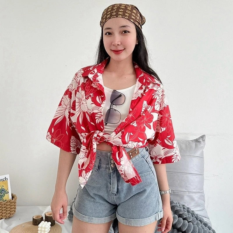 Chic เสื้อฮาวาย เชิ้ตคอปกแขนสั้น ลายดอก สไตล์เกาหลี thumbnail 7