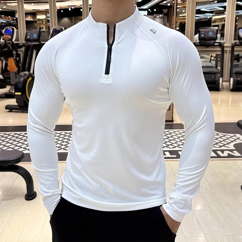 MANSTR ฤดูร้อนใหม่ผู้ชายสบายๆบางครึ่งซิปกีฬาเสื้อยืดสลิมฟิตวิ่งการฝึกอบรมฟุตบอลด้านบนแขนยาว ที