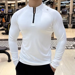 MANSTR ฤดูร้อนใหม่ผู้ชายสบายๆบางครึ่งซิปกีฬาเสื้อยืดสลิมฟิตวิ่งการฝึกอบรมฟุตบอลด้านบนแขนยาว ที