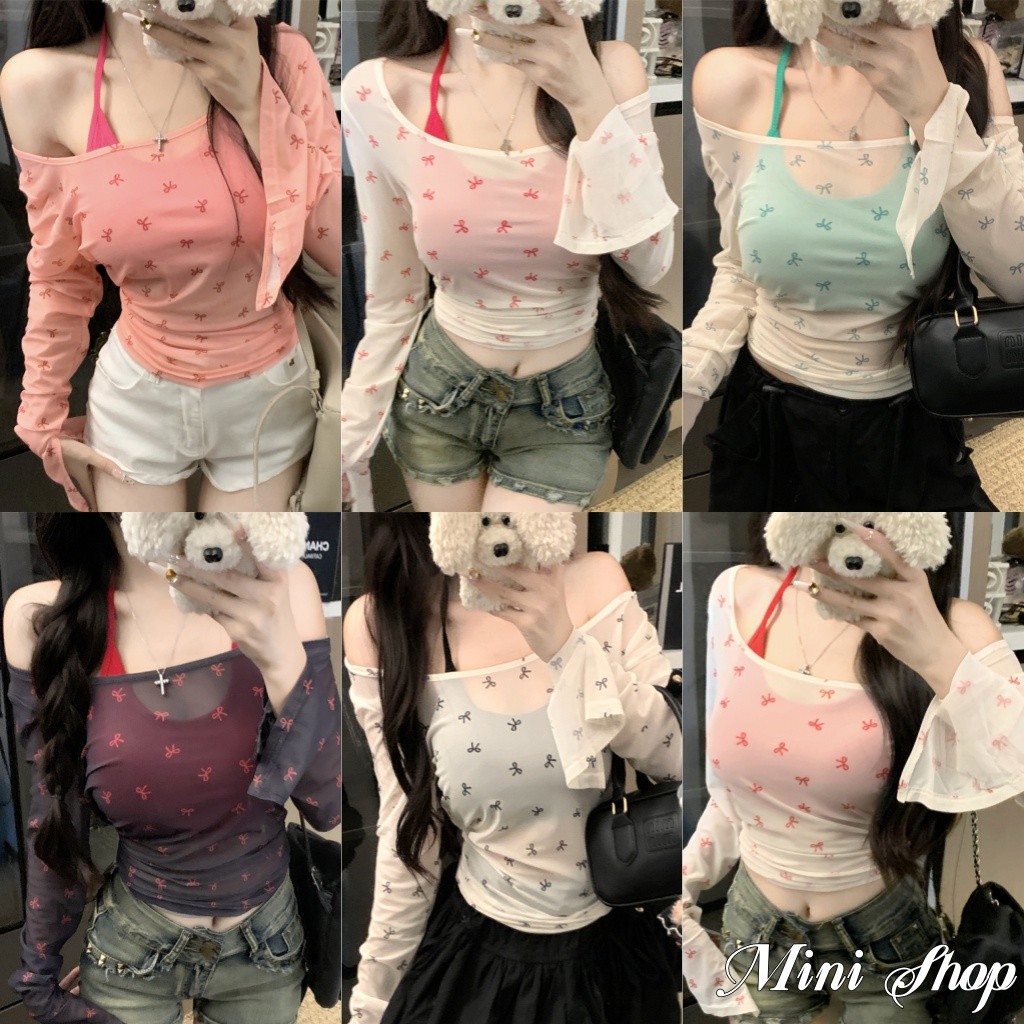 Mini shop🌸พร้อมส่ง🌸สายเดี่ยวคล้องคอครอป/เสื้อแขนยาวลายโบว์  สีสดใส ใส่ง่าย  เสื้อผ้าป้องกันแสงแดด(FY6876-L/FYQ7172)