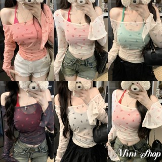 Mini shop🌸พร้อมส่ง🌸สายเดี่ยวคล้องคอครอป/เสื้อแขนยาวลายโบว์  …