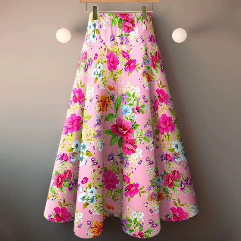 Tqs 40-85kg แฟชั่น Big Swing ดอกไม้ 1 กระโปรงเอวยางยืดผู้หญิง Plus ขนาด Casual Slimming A-line Midi กระโปรง