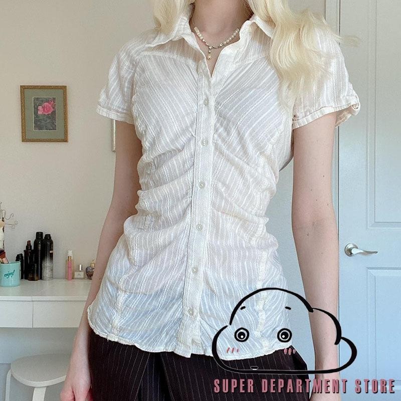 Super-y2k เสื้อเชิ้ตลายทางผู้หญิงแขนสั้นปกคอสลิมฟิตเสื้อท็อปส์