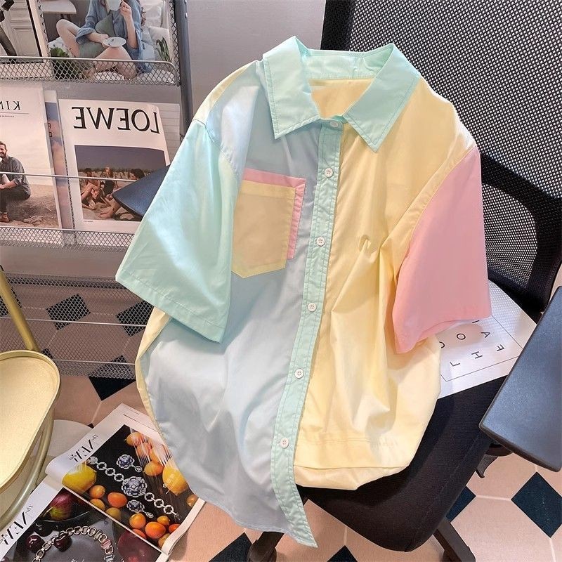 เสื้อเชิ้ตผู้ชายสีตัดกันเย็บปะติดปะต่อกันและครึ่งแขนที่ไม่ซ้ําใคร