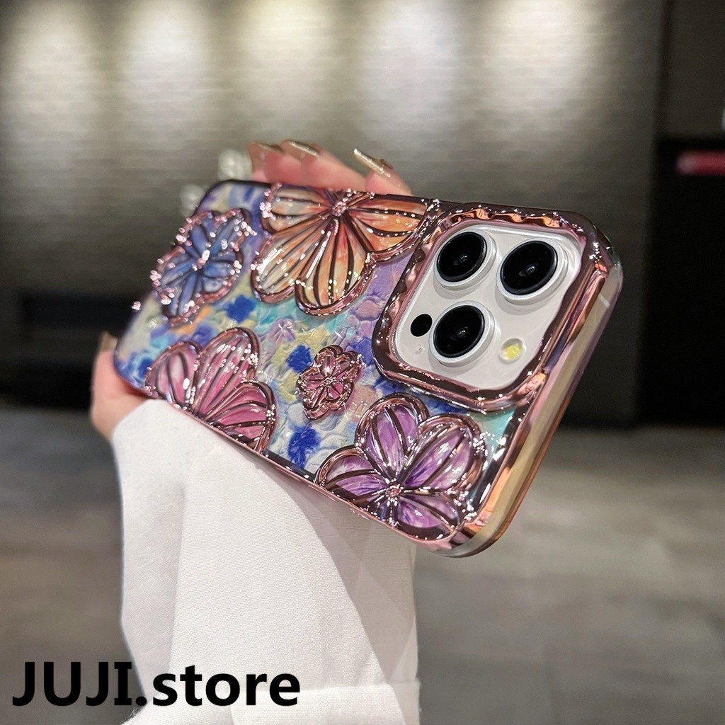 Juji ชุบ IMD 3D ดอกไม้ภาพวาดสีน้ํามันสําหรับ IPHONE 11 12 13 14 15 PRO MAX กรณีป้องกันกล้องล้อมรอบอย่างเต็มที่กันกระแทกนุ่มปกหลังปลอก