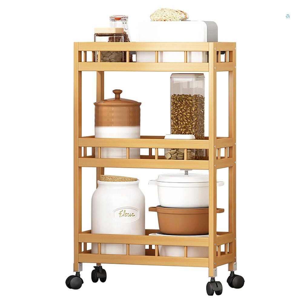 3 ชั้น Slim Storage Cart of High Mountain Solid Bamboo Kitchen Organizer Slide-Out Mobile Storage Cart Rolling Pantry ชั้นวางห้องครัว Shelving Unit Utility Cart