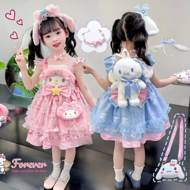 Cinnamoroll Melody Lolita KAWAI ชุดสําหรับเด็กเด็กผู้หญิงเสื้อผ้าวันเด็กฤดูร้อนน่ารักการ์ตูนญี่ปุ่นช