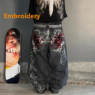 Y2k Men Harajuku Fashion Trend กางเกงยีนส์เย็บปักถักร้อย