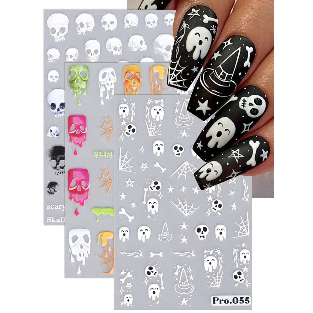 5d นูนสติกเกอร์เล็บ Skull Bone Design ฮาโลวีน Decals Holiday Sliders ด้วยเนื้อ DIY เล็บเล็บตกแต่ง