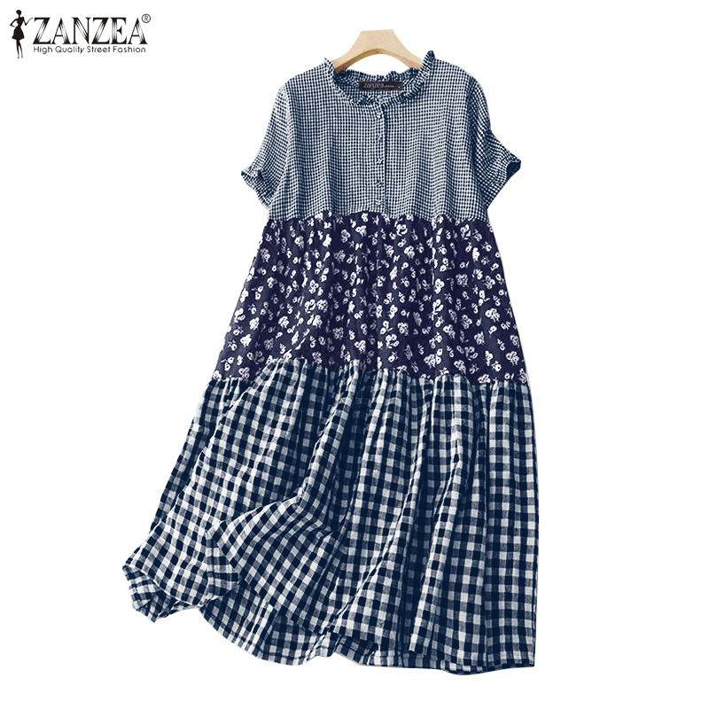 ZANZEA ซานเซีย ผู้หญิงเกาหลีลําลองรอบคอแขนสั้นชุดดอกไม้ลายสก๊อต