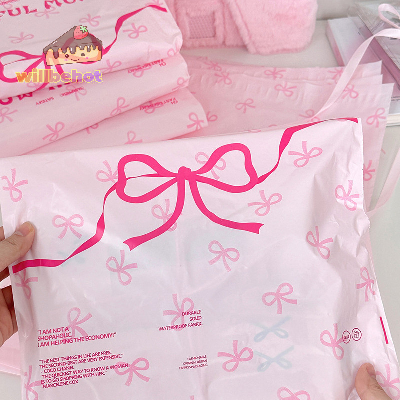 [WillbehotT] พลาสติกสีชมพู Courier กระเป๋าไปรษณีย์โบว์น่ารัก Prinitng เสื้อผ้า Mailer เก็บถุงบรรจุภัณฑ์ของขวัญรองเท้าขนส่งด่วนกระเป๋า [ใหม่]