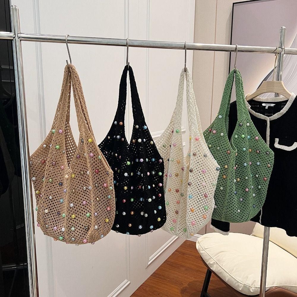 Wompan กระเป๋าโท้ตชายหาด, กระเป๋าถักโครเชต์ Boho ความจุขนาดใหญ่, Handmade Hollow พร้อมลูกปัดสี Tote Bag