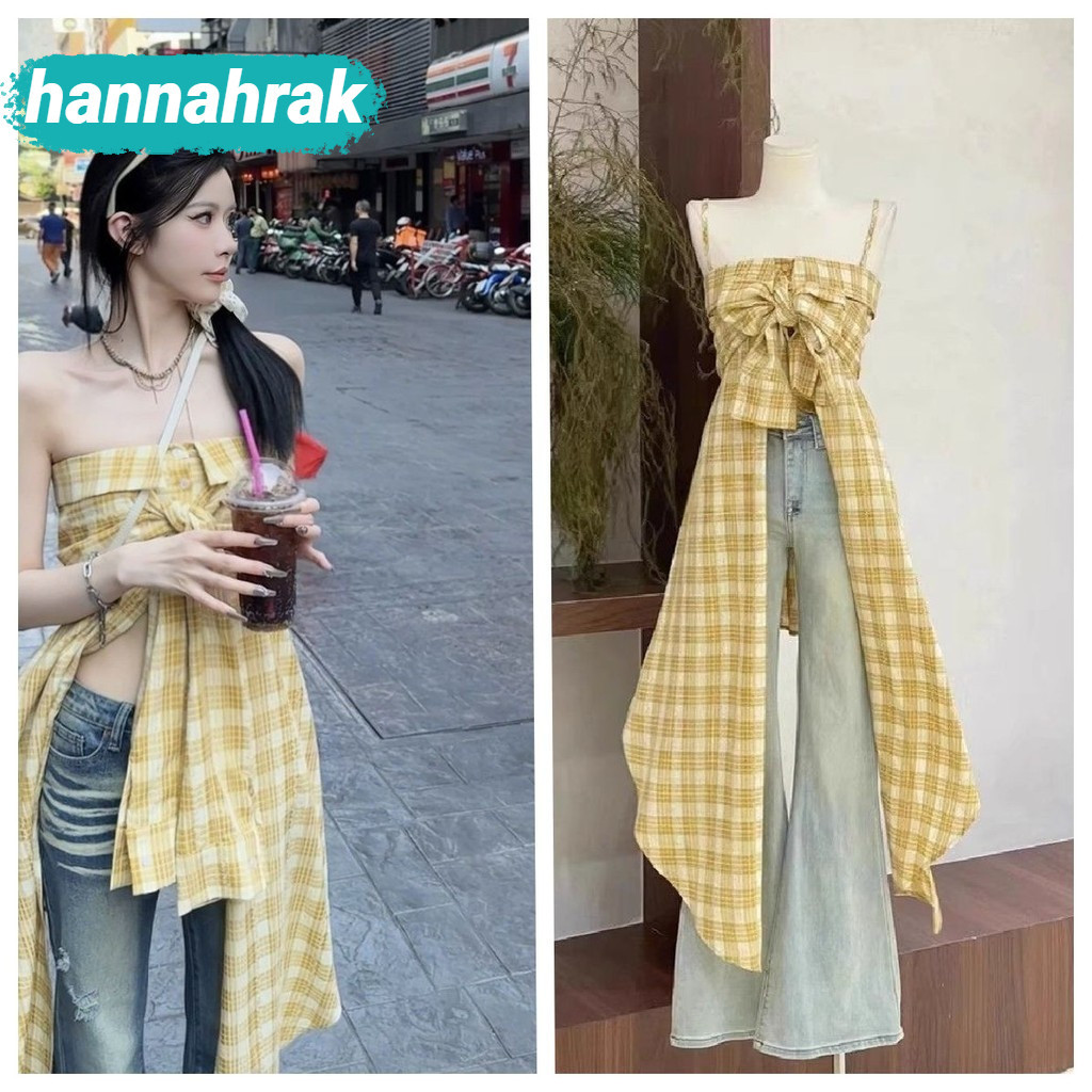 (ส่งจากกรุงเทพฯ)สลิงลายสก๊อตสีเหลืองชั้นฤดูใบไม้ผลิของผู้หญิงใหม่สาวร้อนการออกแบบท่อด้านบนไม่ปกติ