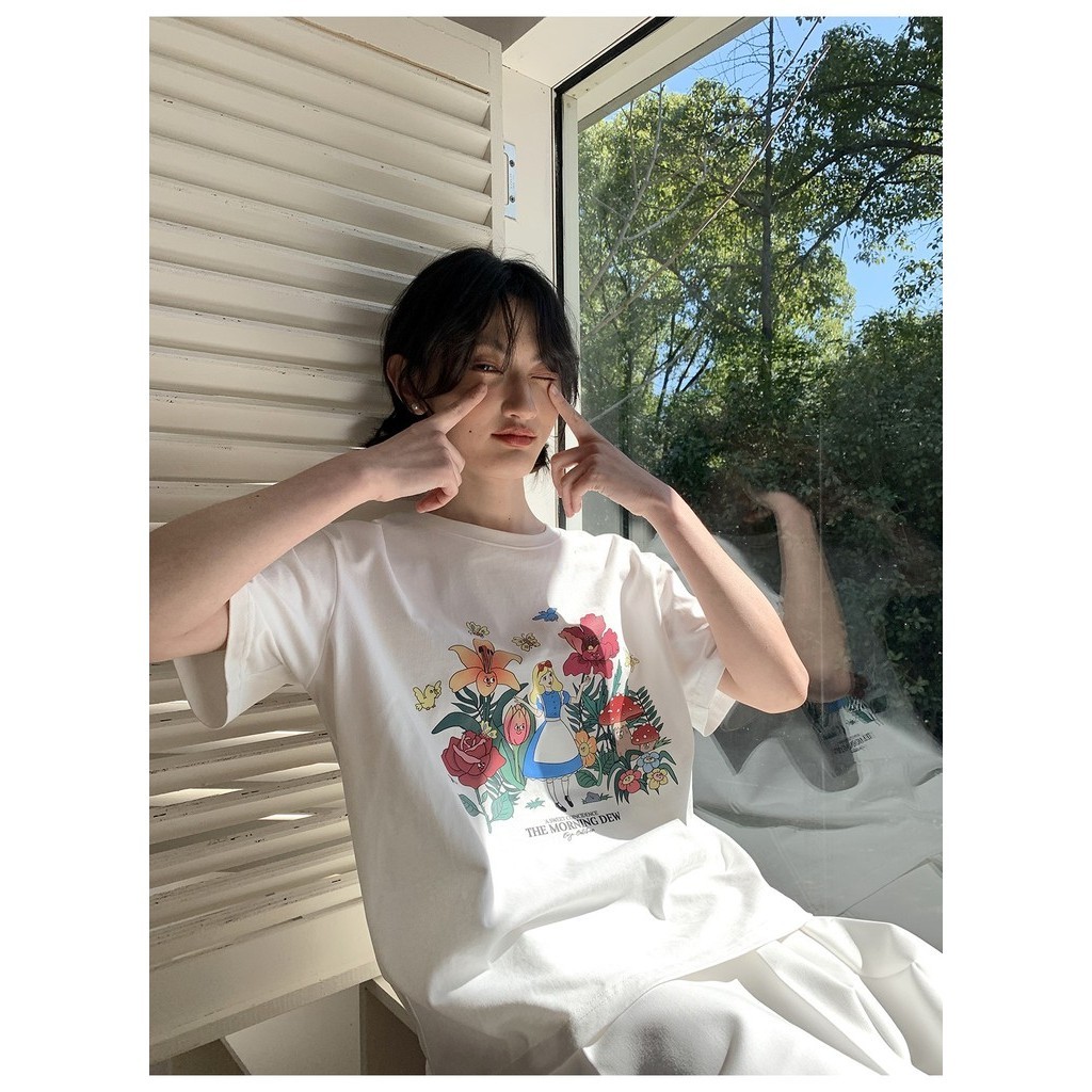 COD (จัดส่งในกรุงเทพฯ) MAO Shop พิมพ์ดอกไม้ เสื้อยืดวินเทจ สตรีท oversized เสื้อโอเวอร์ไซส์เกาหลีผู้หญิง คอกลม #50739
