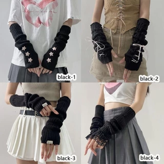 SWEE ถุงมือถัก, Fingerless False Sleeves Long Wrist Gloves, สไตล์ญี่ปุ่นสีดําสีขาวนิ้วมือแขนอุ่นข้อศอก Mittens สําหรับ Y2k Spice Girls
