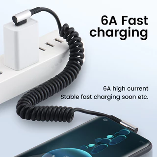 Elough 6A USB Type C Spring Data Cable 90° ลวดสายชาร์จเร็วข้อศอก Type C ถึง Type C PD