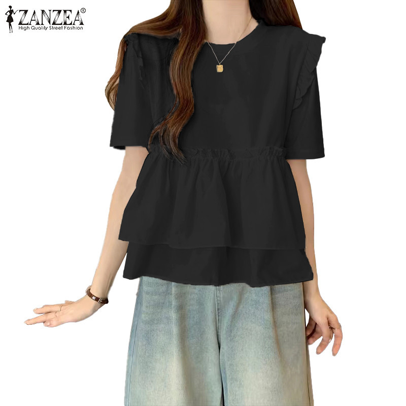 Zanzea ผู้หญิงเกาหลี Casual เชื้อรา Ruffled Edge Patchwork จีบเสื้อแขนสั้น