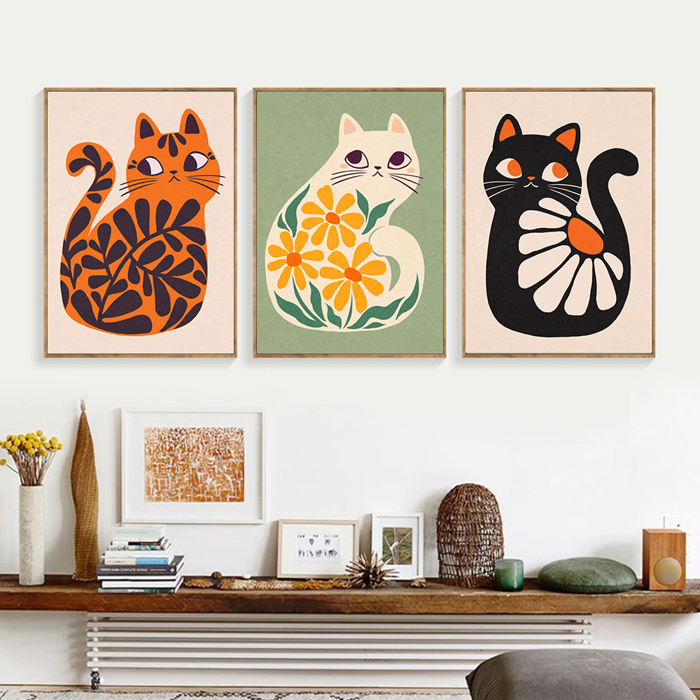 Boho แมวภาพประกอบศิลปะผ้าใบโปสเตอร์ Wall Art House พืชภาพวาดผนังสําหรับห้องน้ําห้องนอนสํานักงานห้องนั่งเล่นตกแต่งบ้าน