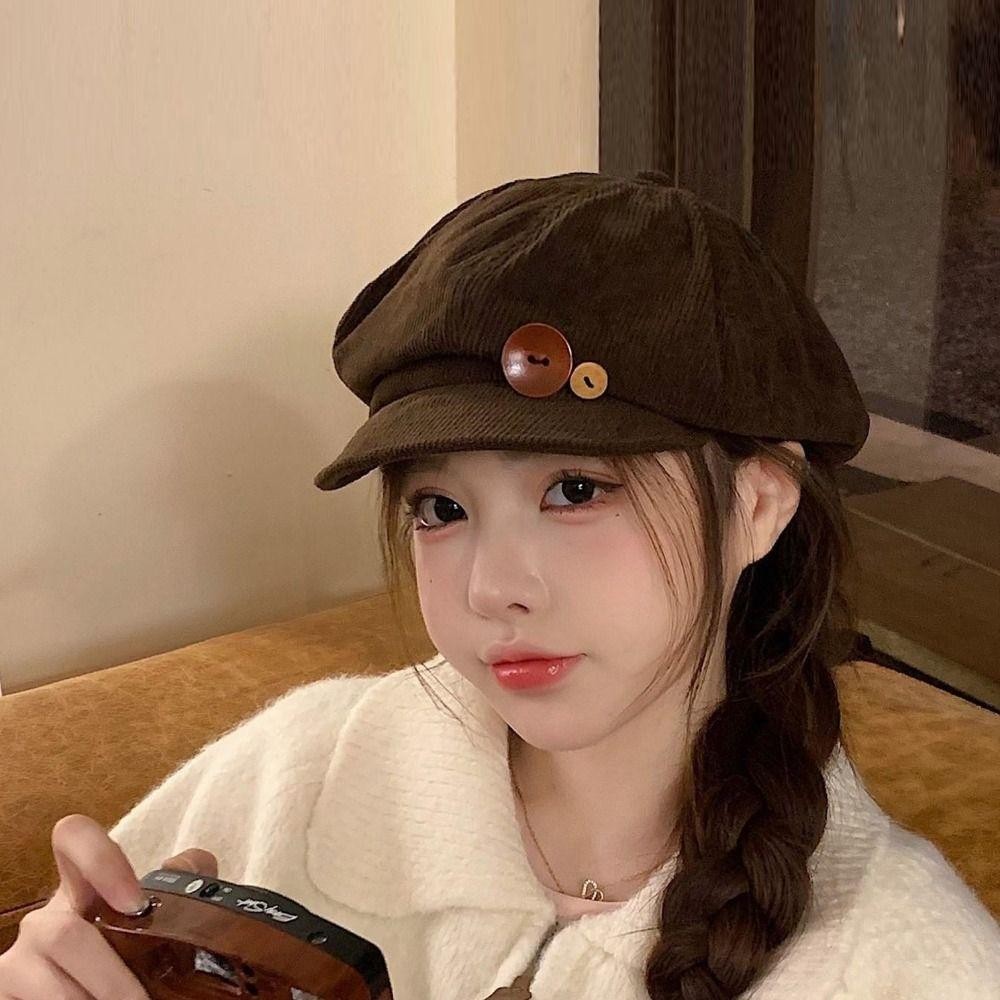 ผิง ผ้าลูกฟูกหมวกเบสบอล,ให้อบอุ่นปุ่มคู่ตกแต่งหมวกแปดเหลี่ยม,ที่เรียบง่าย กันลม หมวกเบเรต์ ปรับหนังสือพิมพ์หมวกสําหรับผู้หญิงสาว - รูปที่ 3