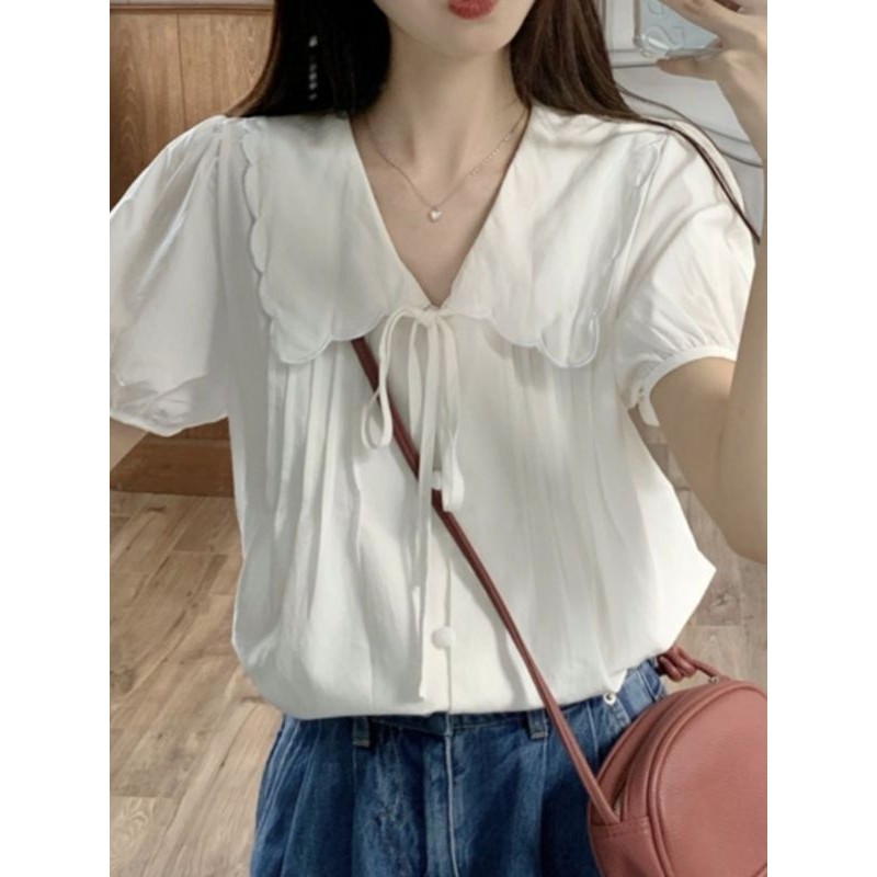Bee พลัสขนาดเสื้อผ้าผู้หญิงเกาหลีใหม่ฝรั่งเศสคอวีแขนสั้นเสื้อ T(จัดส่ง 24 ชั่วโมง)