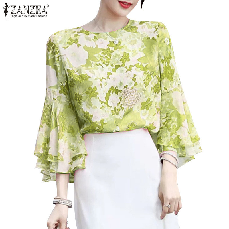 ZANZEA ใส่ ซานเซีย ผู้หญิงเกาหลีลําลองลูกเรือคอเสื้อแขนยาวพิมพ์ลายดอกไม้
