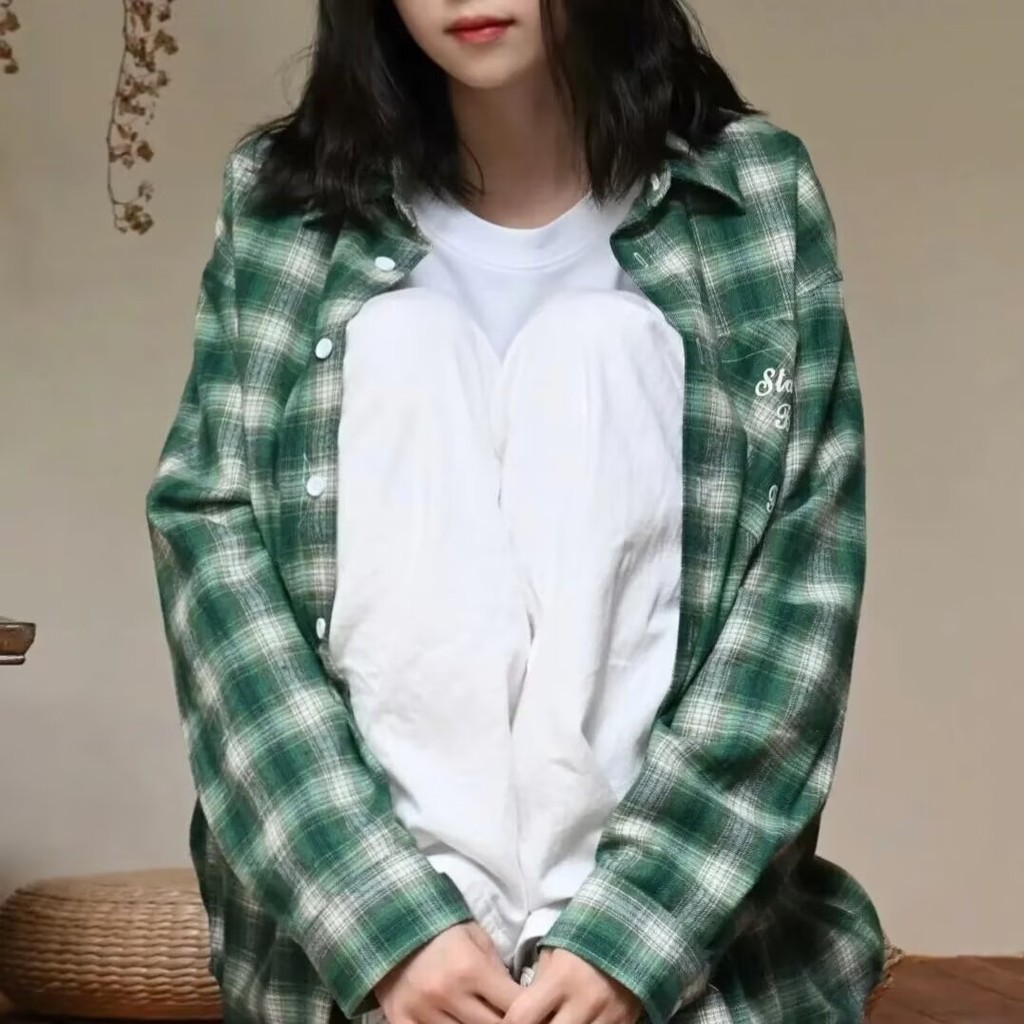ฮั่นลู่ เสื้อเชิ้ตแขนยาวลายสก๊อตอเมริกันย้อนยุคด้านบนลําลองหลวม