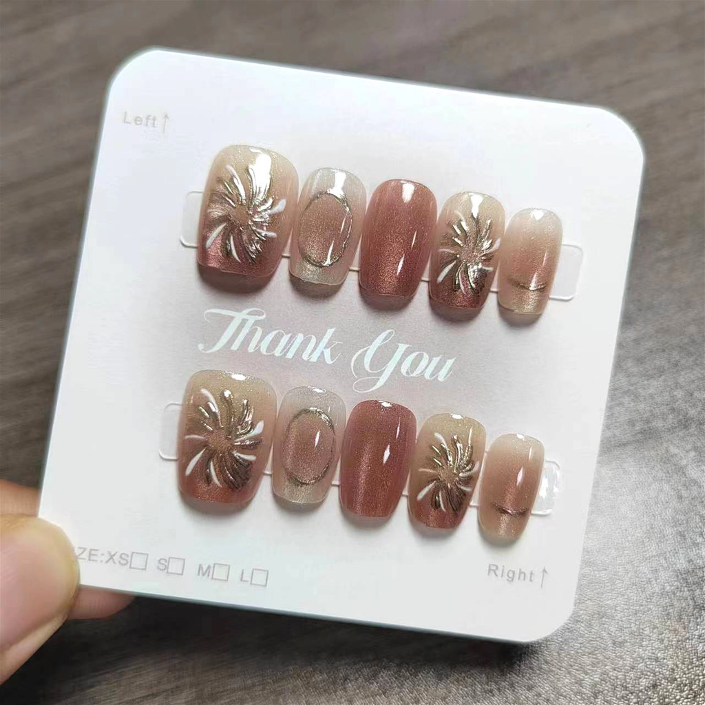 10pcs Cat Eye Handmade กดบนเล็บเล็บปลอมพร้อมสติกเกอร์กาว M114