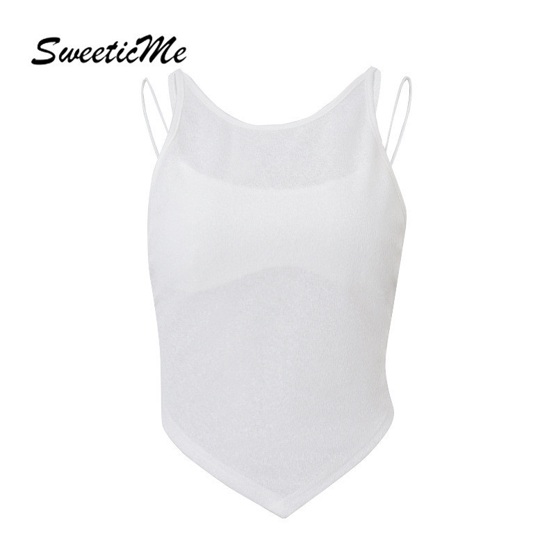SweeticMe แฟชั่นใหม่ของผู้หญิงไม่สม่ําเสมอสลิมฟิตเซ็กซี่ดูผ่านสายรัดสองชิ้นชุดเสื้อกล้ามสายเดี่ยว