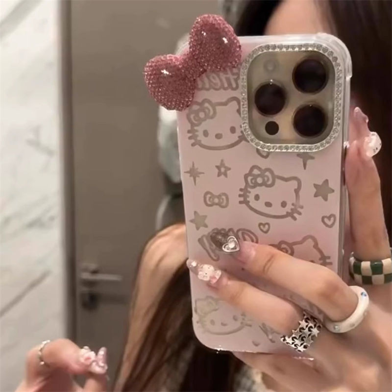 การ์ตูนน่ารักโบว์ Kt Hello Kitty เคสโทรศัพท์ iPhone เหมาะสําหรับ iphone15/14/12/13/11promax สไตล์ใหม่ X/XS/XR เคสป้องกันหญิงสไตล์ใหม่