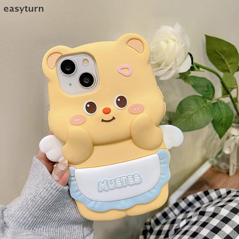Easyturn เกาหลีการ์ตูน Angel Wings Butter Bear เคสโทรศัพท์สําหรับ IPhone 15 14 12 13 11 Pro ProMax นุ่ม Kawawii Anti-Drop กลับกรณี TH
