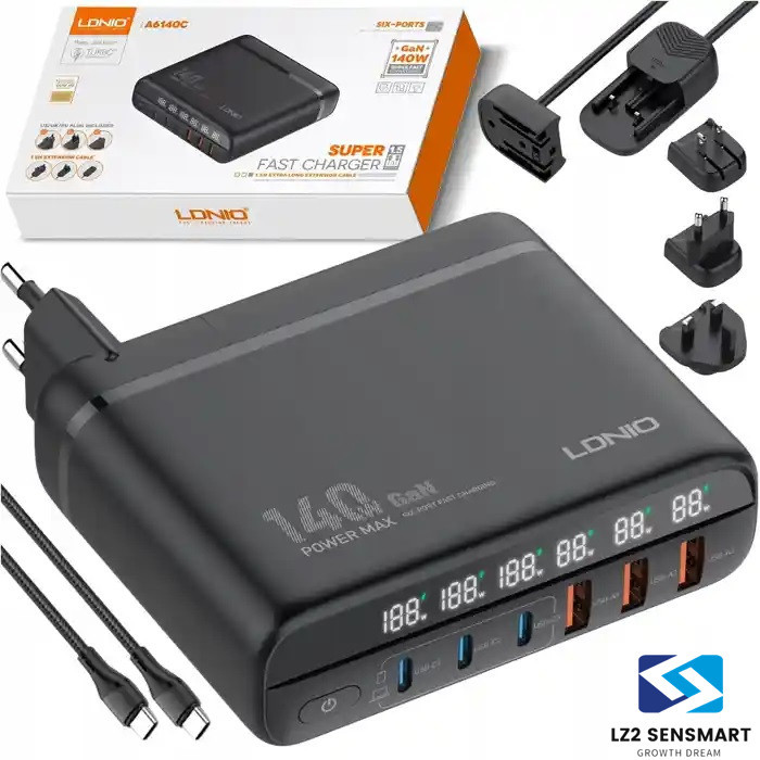 LDNIO A6140C Super fast charging อุปกรณ์ขยายหัวชาร์จ USB-A*3 , USB-C*3 สวิตซ์เปิด-ปิด จอLED รองรับกา
