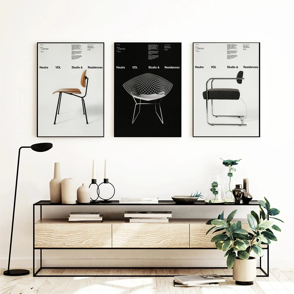 Minimalist Bauhaus Iconic Mid-Century เก้าอี้นิทรรศการเฟอร์นิเจอร์โปสเตอร์ผ้าใบภาพวาด Wall Art ภาพ H