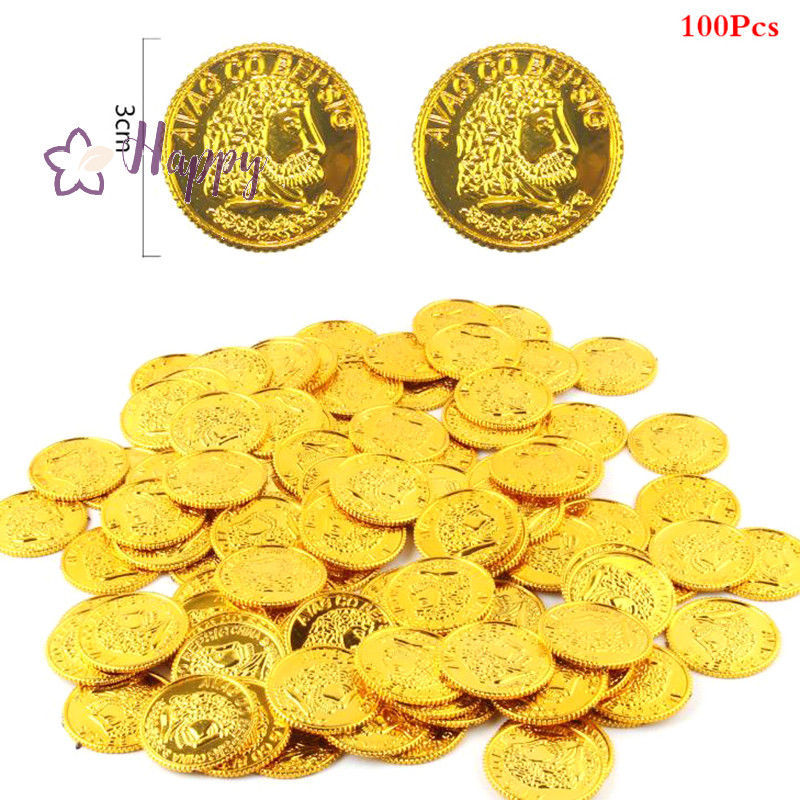 <Happybay> 100 ชิ้น/ถุงทองเหรียญปลอม Shining Pirates เหรียญพลาสติกปาร์ตี้เกมสกุลเงินลดราคา