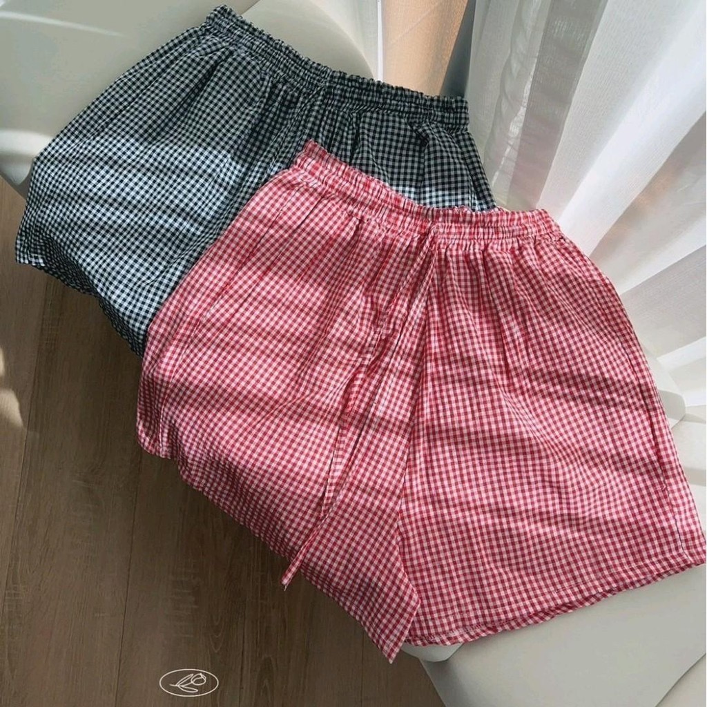 Pinkpiggy กางเกงขาสั้นเอวสูงสม็อกรอบ เชือกรูดได้จริง กระเป๋า2ข้าง