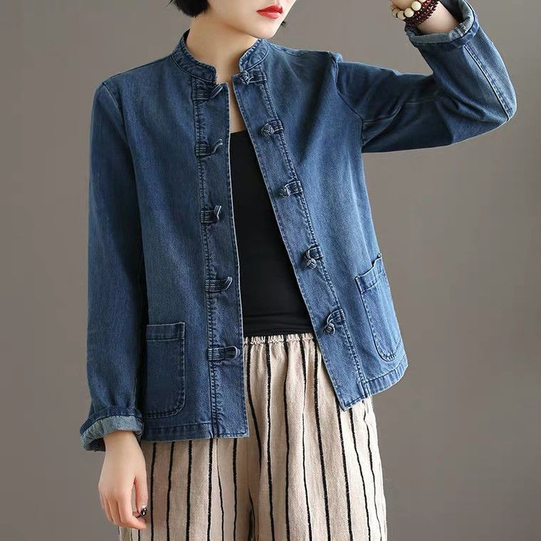 DENIM Coat ผู้หญิงฤดูใบไม้ผลิและฤดูร้อนศิลปะ Retro PLUS ขนาดสไตล์ชาติพันธุ์กบจีนด้านนอกสวมใส่ด้านนอก Casual DENIM TOP