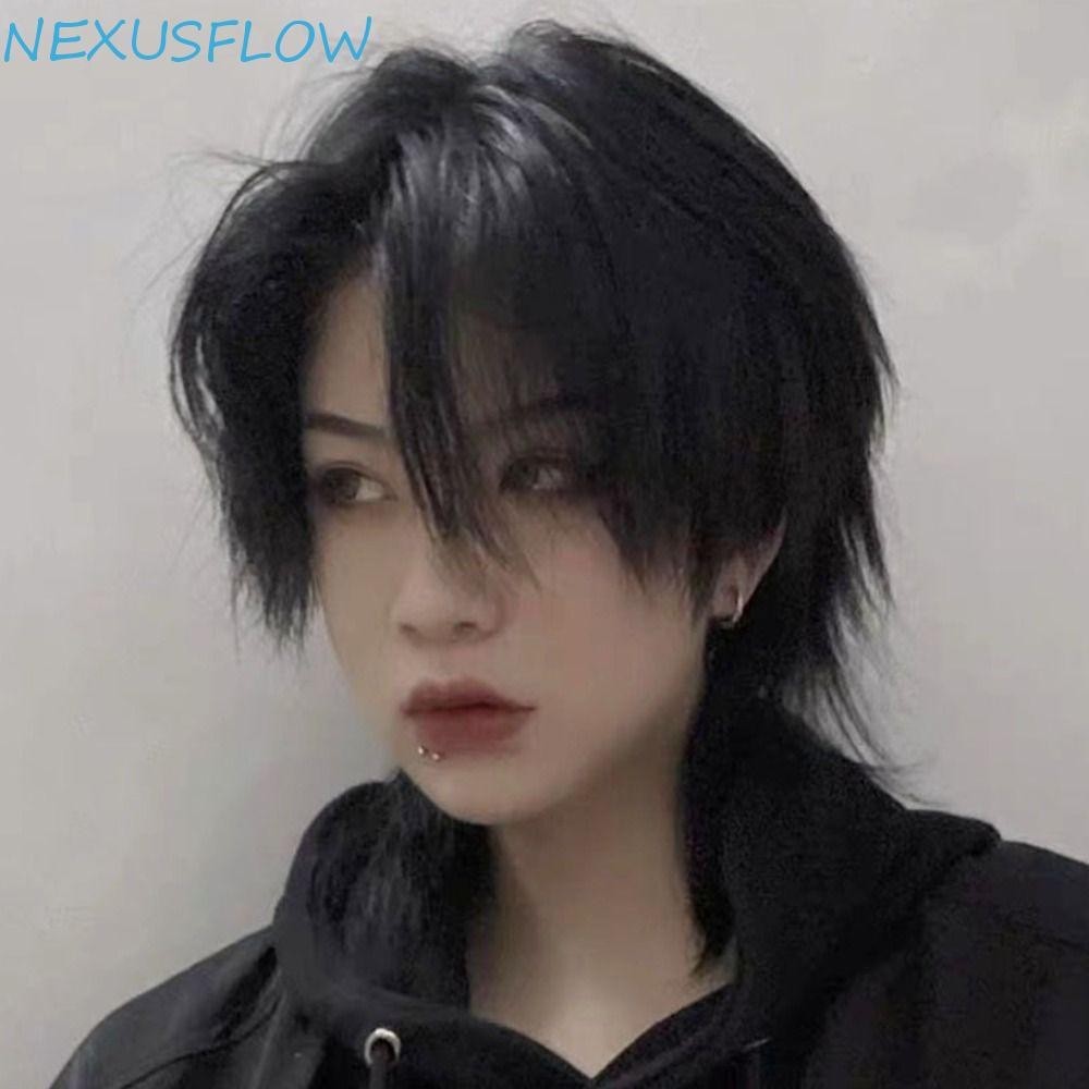 Nexusflow Mullet หัววิกผม Bangs, สังเคราะห์ทนความร้อนวิกผมคอสเพลย์ยาว, หางหมาป่าชั้นตรงปุยอะนิเมะผู้ชายวิกผมทุกวัน