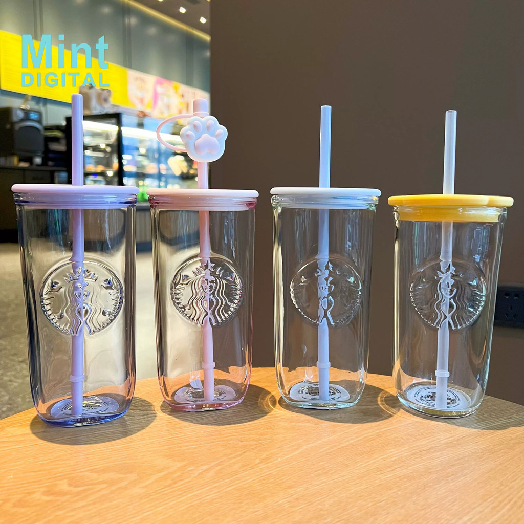 Starbucks Cup Ins Limited Edition แก้วสามเหลี่ยมสีน้ําเงินพร้อมหลอดฝาดอกไม้เรียบง่ายถ้วยน้ําตั้งโต๊ะโปร่งใส 473ml