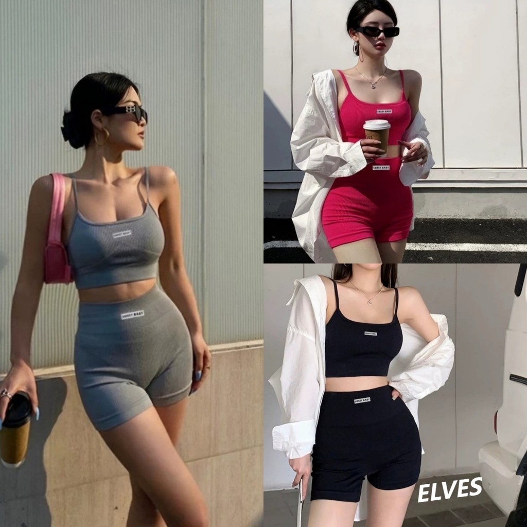 Elves✨พร้อมส่ง✨ผ้ารัดรูป นุ่ม สบาย สไตล์สปอร์ตสตรี เสื้อคลุมผ้าฝ้าย + กางเกงขาสั้น ชุดออกกำลังกาย"FY1778-J"