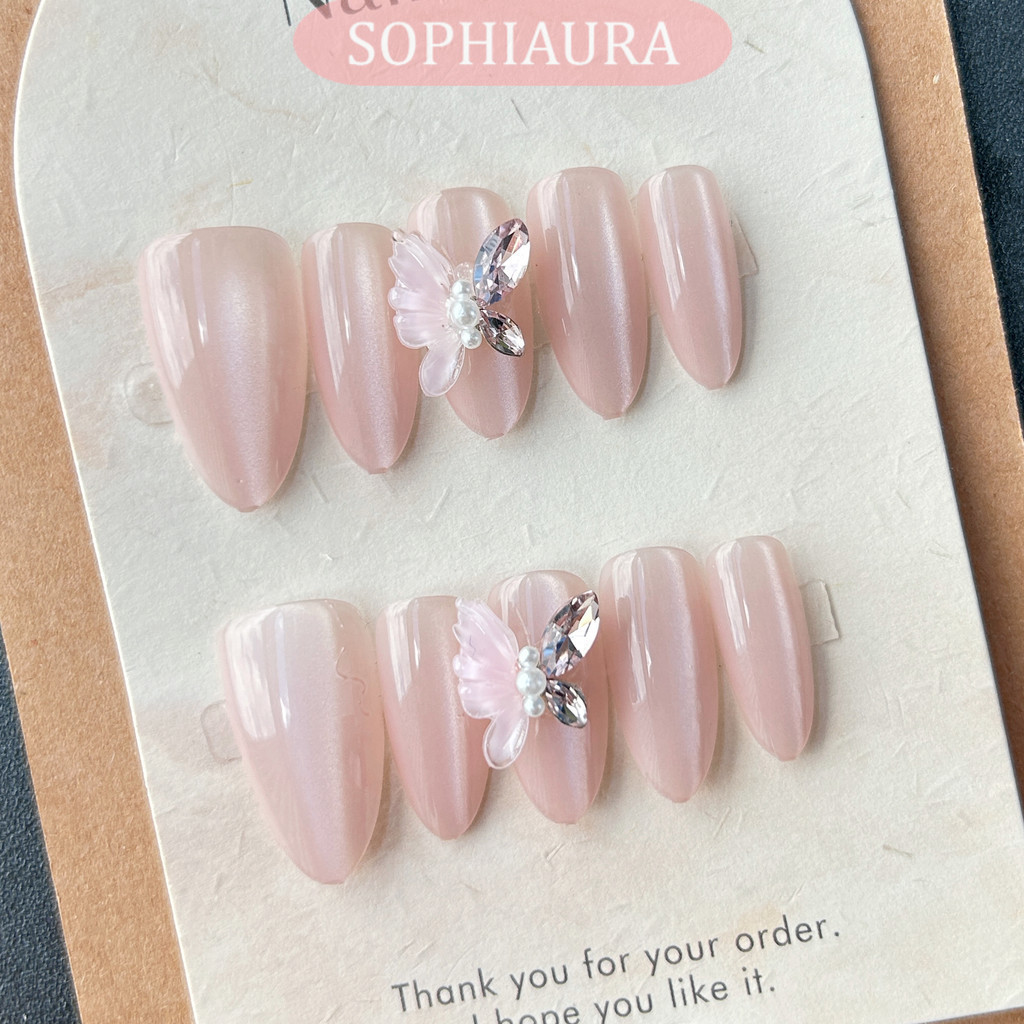 Sophiaura 3D Butterfly Design Pink Cat Eye Medium Almond Shape เล็บปลอมสําหรับสาวเล็บปลอมกาวเล็บกดบน