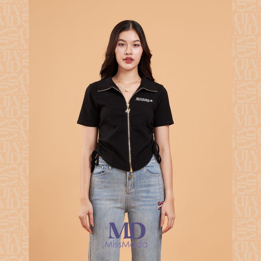 Missmoda รุ่น MC-241TT030 เสื้อเชิร์ตซิปหน้าผูกรูดด้านข้าง เสื้อผู้หญิงแบรนด์ (เฉพาะเสื้อ) มี 2 สี สีดำและสีฟ้า