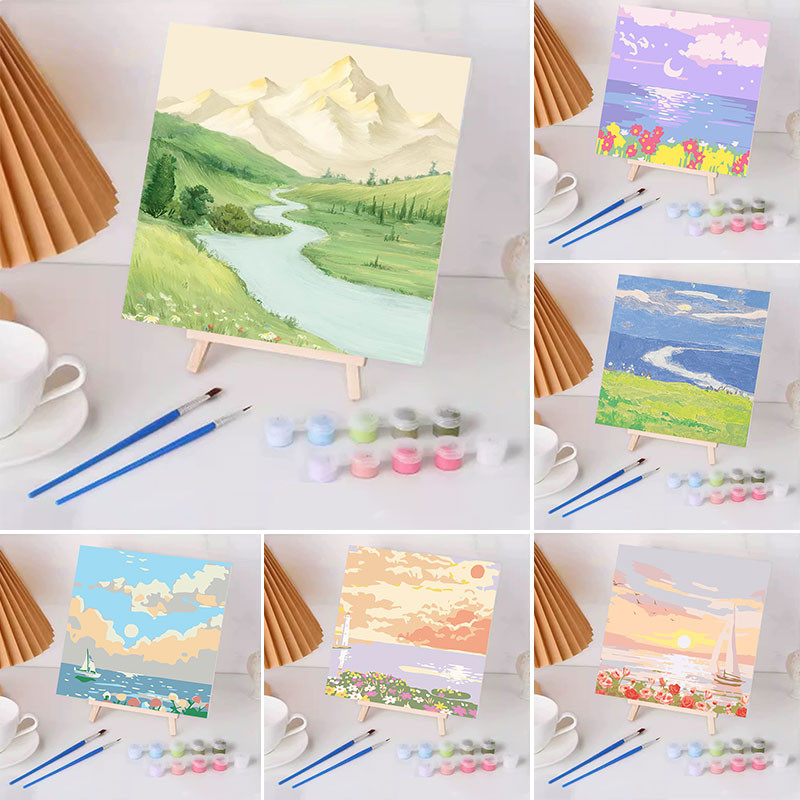 มีกรอบ ภาพวาดสีน้ำมันดิจิตอล 20*20ซม. ทิวทัศน์ธรรมชาติ ระบายสีตามเลข DIY ของเล่นเด็ก