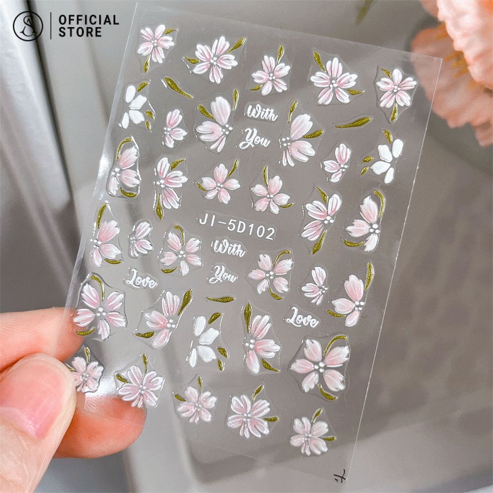 ดอกคามิเลียสีชมพู สติ๊กเกอร์เล็บ ดอกไม้วาดด้วยมือ สติกเกอร์เล็บนูนสําหรับตกแต่งเล็บ
