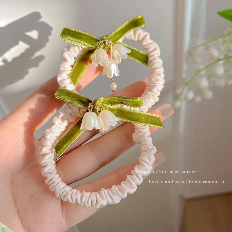 ใหม่เชือกผม Lily of the Valley Bow สําหรับผู้หญิง แฟชั่น สง่างาม ความยืดหยุ่นสูง ที่คาดผมและเครื่องประดับผมไม่ดํา