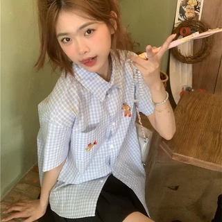 🌻Grace🌻 เสื้อแขนสั้นลายหมีน่ารัก เสื้อลายสก๊อตสีฟ้า ผ้าคอตตอนสวมใส่สบาย เสื้อผ้าสไตล์เกาหลี W439