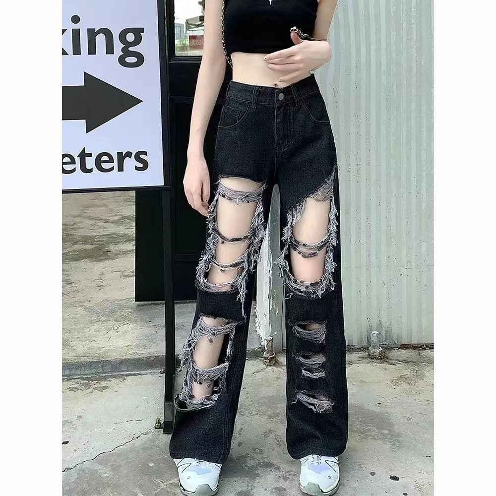 Loose American Women's Jeans Slimming Pants FatmmWide Leg High Street Black Mopping Large Ripped Straight plus Size OWWI